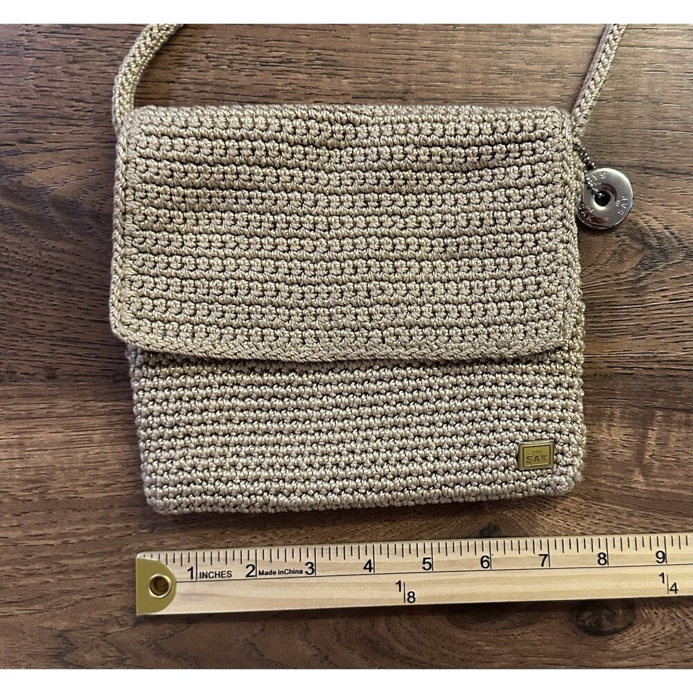 The Sak Gold Metallic Crochet Crossbody Bag Boho Knit Small Flap Purse - Picture 8 of 8